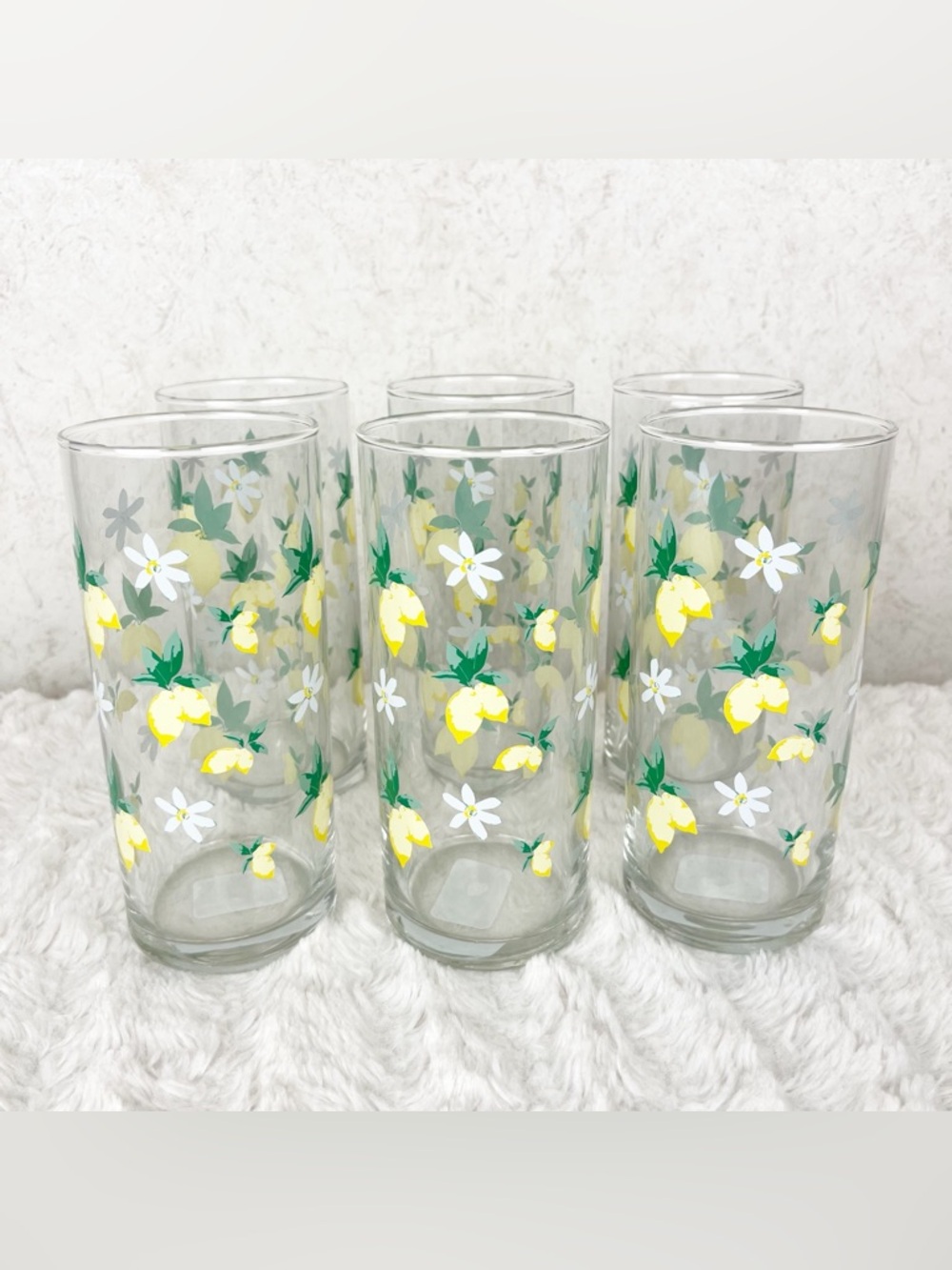 Cristar 6 Watercolor Lemons White Floral Tumbler Glasses Cottagecore Summer